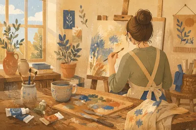 Quiet Painting Hobby in Sunlit Studio