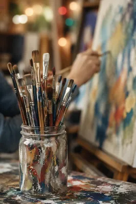 Warm Art Studio Paintbrushes and Canvas
