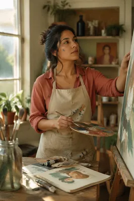 Young Woman Painting in Sunlit Studio