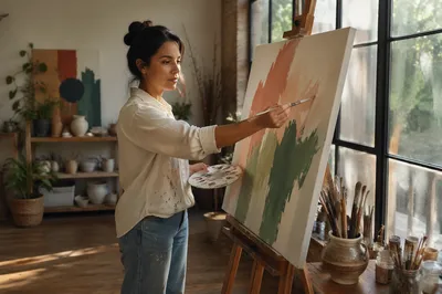 Woman Painting at Home Art Studio