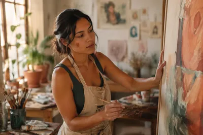 Young Woman Painting in Sunlit Art Studio