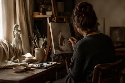 Hobby Artist Painting in Warm Studio Light