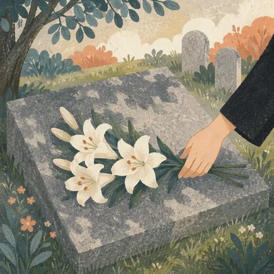 White Lilies Placed on Quiet Grave Memorial