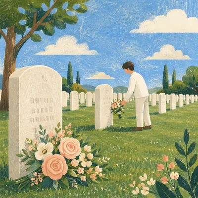 Flowers Placed at Peaceful Cemetery Memorial