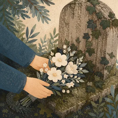 Hands Placing Flowers at Weathered Grave Memorial