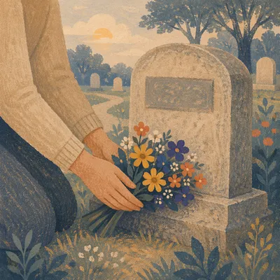 Hands Placing Flowers on Grave Memorial