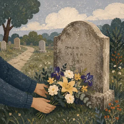 Tender Hands Placing Flowers at Grave Memorial