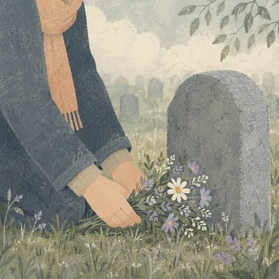 Hands Placing Wildflowers at Grave Memorial