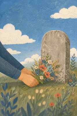 Hands Placing Wildflowers at Cemetery Memorial