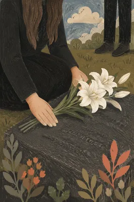 White Lilies Laid on Cemetery Memorial