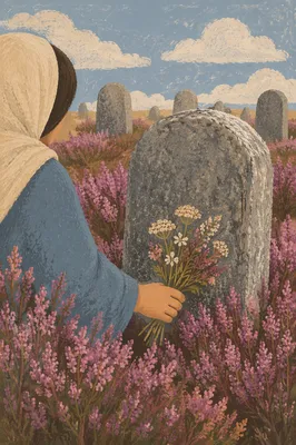 Placing Wildflowers at a Quiet Grave Memorial