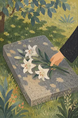 Hand Placing White Lilies on Grave Memorial