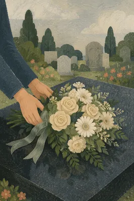 Hands Placing Flowers on Grave Memorial