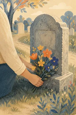 Hands Placing Flowers on Grave Memorial