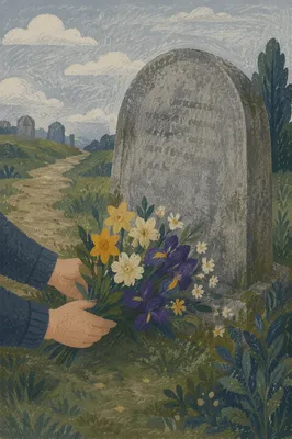 Hands Placing Flowers at Quiet Grave Memorial