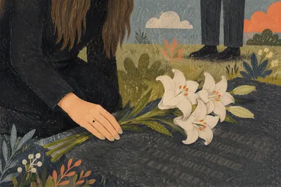 Quiet Mourner Placing Lilies on Grave