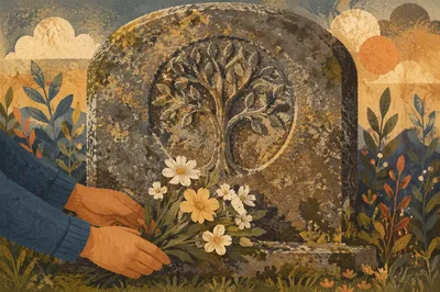Hands Placing Flowers on Grave Memorial
