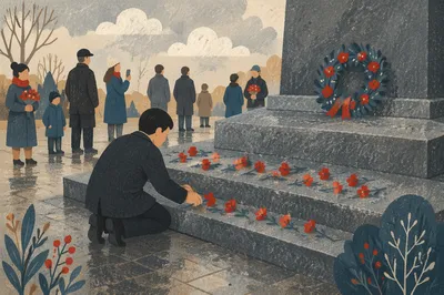 Person Laying Red Flowers at Memorial