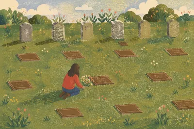 Quiet Memorial Flower Offering in Cemetery