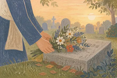 Placing Wildflowers on a Grave Memorial