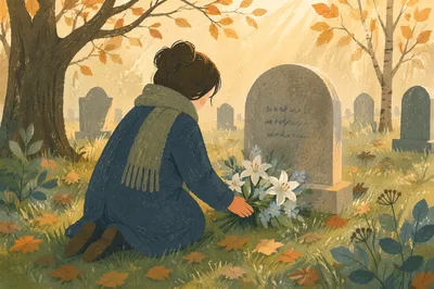 Quiet Memorial Moment in Autumn Cemetery