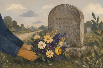 Hands Placing Flowers at Grave Memorial