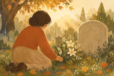 Person Placing Lilies at Quiet Grave