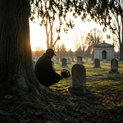 Quiet Graveside Flower Tribute at Golden Hour