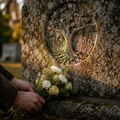 Hands Placing Flowers at Grave Memorial