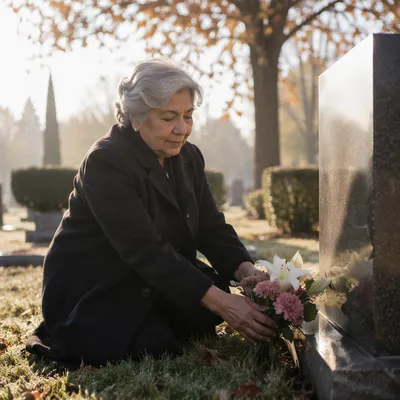Elderly Woman Placing Flowers at Memorial Grave