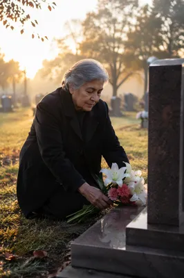 Elderly Woman Placing Flowers at Grave