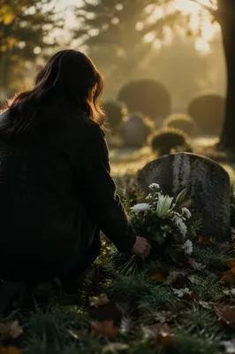 Placing White Flowers at a Grave