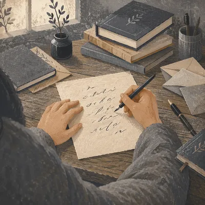 Quiet Calligraphy Practice at Rustic Desk