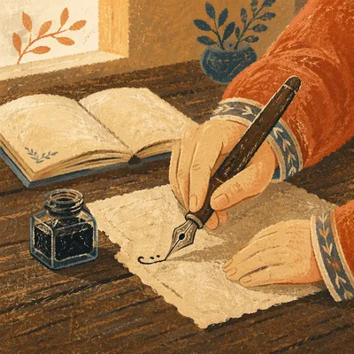 Quiet Calligraphy Practice at Wooden Desk