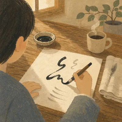 Calligraphy Practice at Rustic Wooden Desk