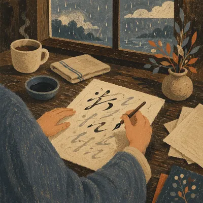 Calm Calligraphy Practice by Rainy Window