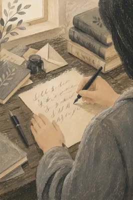 Reflective Calligraphy Practice at Wooden Desk