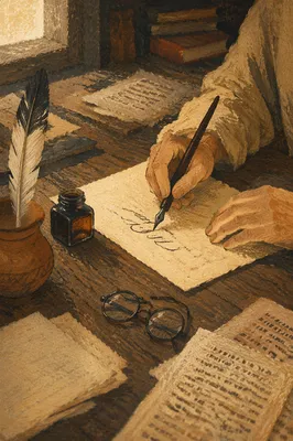 Vintage Calligraphy Practice at Wooden Desk