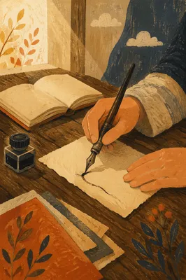 Vintage Calligraphy Practice at Wooden Desk