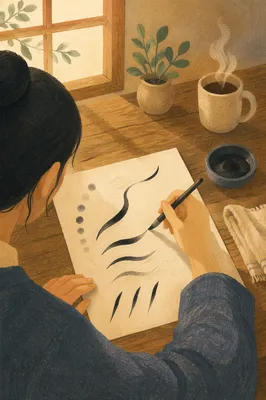 Calligraphy Practice at Rustic Wooden Desk
