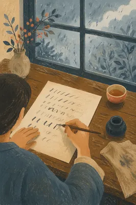 Calligraphy Practice by Rainy Window Desk