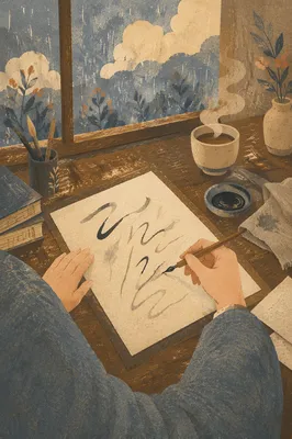 Quiet Calligraphy Practice by Rainy Window