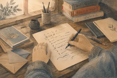 Quiet Calligraphy Practice at Rustic Wooden Desk