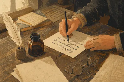 Vintage Calligraphy Practice on Wooden Desk