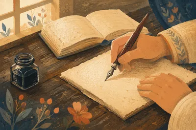 Vintage Calligraphy Practice on Wooden Desk