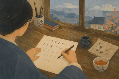 Calligraphy Practice by Rainy Window Desk