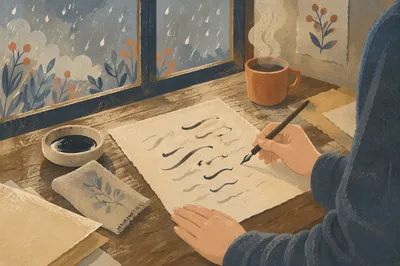 Peaceful Calligraphy Practice by Rainy Window