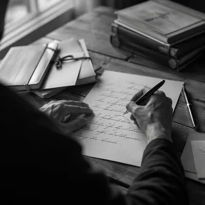 Quiet Calligraphy Practice at Rustic Wooden Desk