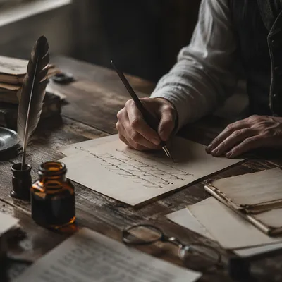 Vintage Calligraphy Practice at Wooden Desk