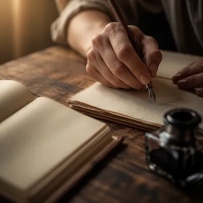 Quiet Calligraphy Practice at Wooden Desk